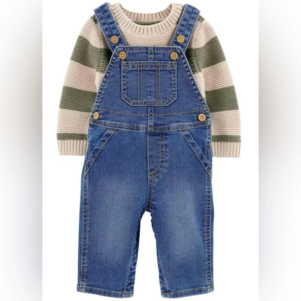 Carter’s Green & Cream Striped Sweater & Denim Overalls Set | 18M